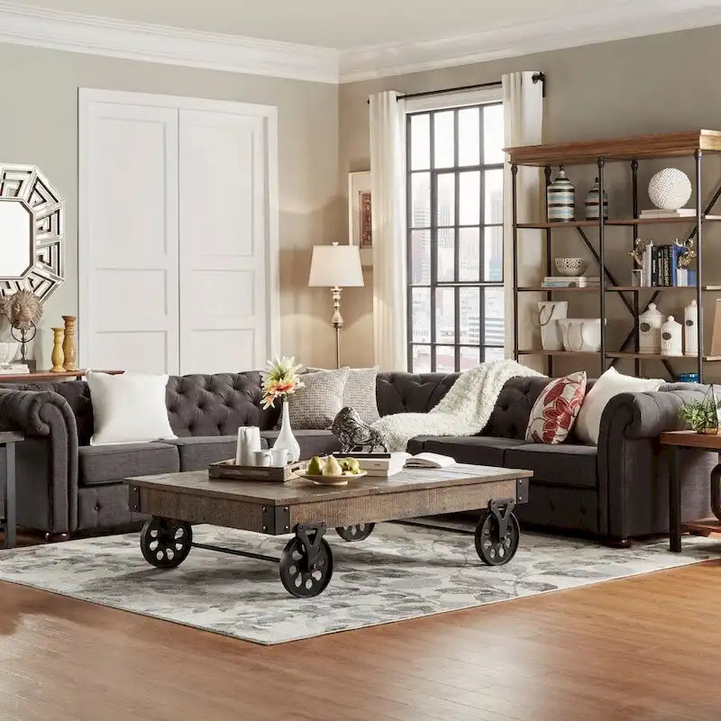 Divano componibile Chesterfield a L, 7 posti, beige / grigio / marrone, lino / velluto / pelle rigenerata