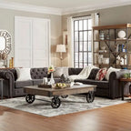 Divano componibile Chesterfield a L, 7 posti, beige / grigio / marrone, lino / velluto / pelle rigenerata