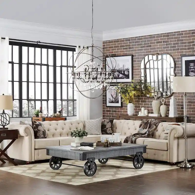 Divano componibile Chesterfield a L, 7 posti, beige / grigio / marrone, lino / velluto / pelle rigenerata