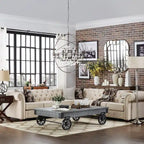 Divano componibile Chesterfield a L, 7 posti, beige / grigio / marrone, lino / velluto / pelle rigenerata