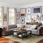 Divano componibile Chesterfield a L, 7 posti, beige / grigio / marrone, lino / velluto / pelle rigenerata