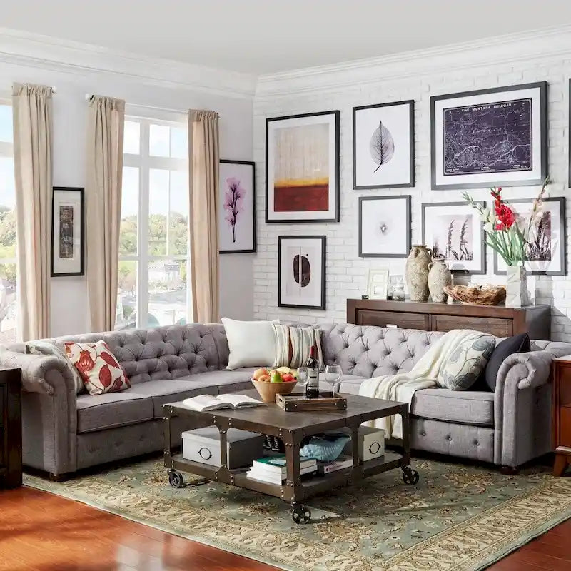 Divano componibile Chesterfield a L, 7 posti, beige / grigio / marrone, lino / velluto / pelle rigenerata