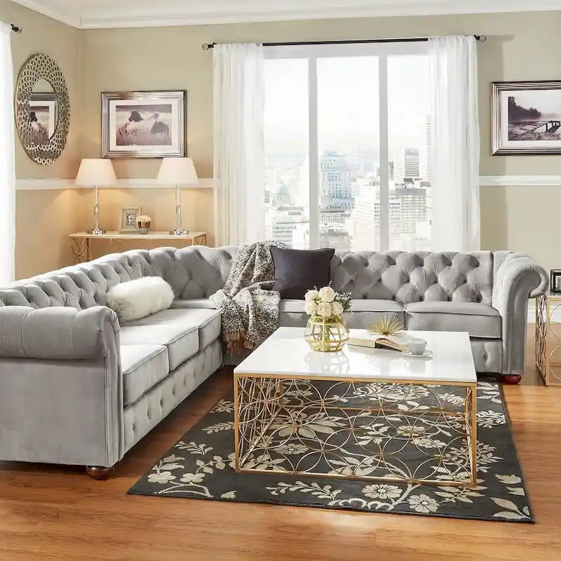 Divano componibile Chesterfield a L, 7 posti, beige / grigio / marrone, lino / velluto / pelle rigenerata