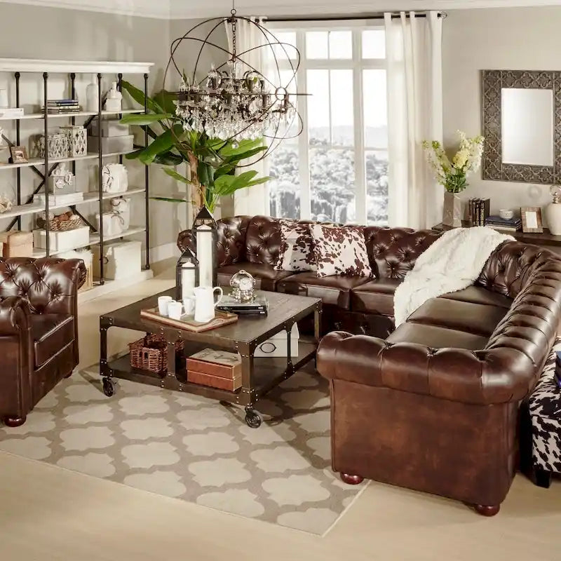 Divano componibile Chesterfield a L, 7 posti, beige / grigio / marrone, lino / velluto / pelle rigenerata