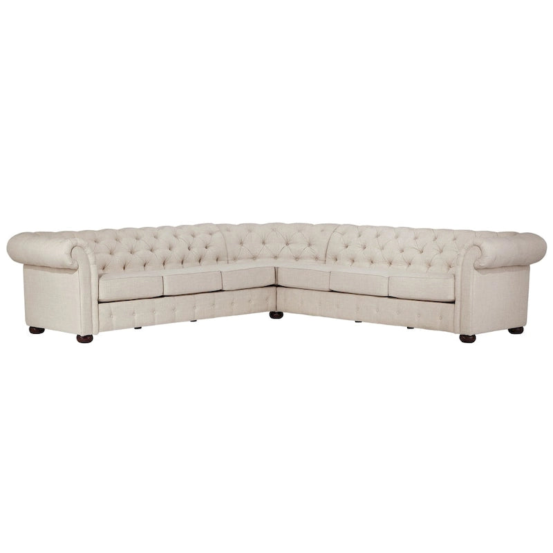 Divano componibile Chesterfield a L, 7 posti, beige / grigio / marrone, lino / velluto / pelle rigenerata