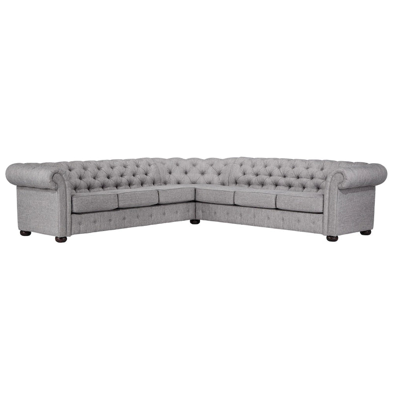 Divano componibile Chesterfield a L, 7 posti, beige / grigio / marrone, lino / velluto / pelle rigenerata