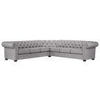 Divano componibile Chesterfield a L, 7 posti, beige / grigio / marrone, lino / velluto / pelle rigenerata