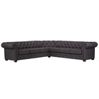 Divano componibile Chesterfield a L, 7 posti, beige / grigio / marrone, lino / velluto / pelle rigenerata