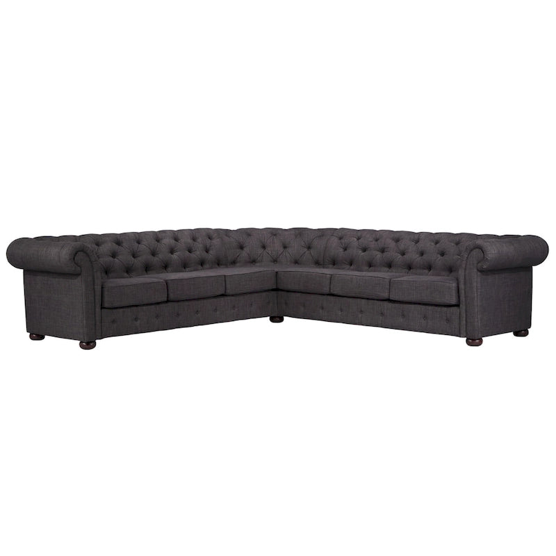 Divano componibile Chesterfield a L, 7 posti, beige / grigio / marrone, lino / velluto / pelle rigenerata