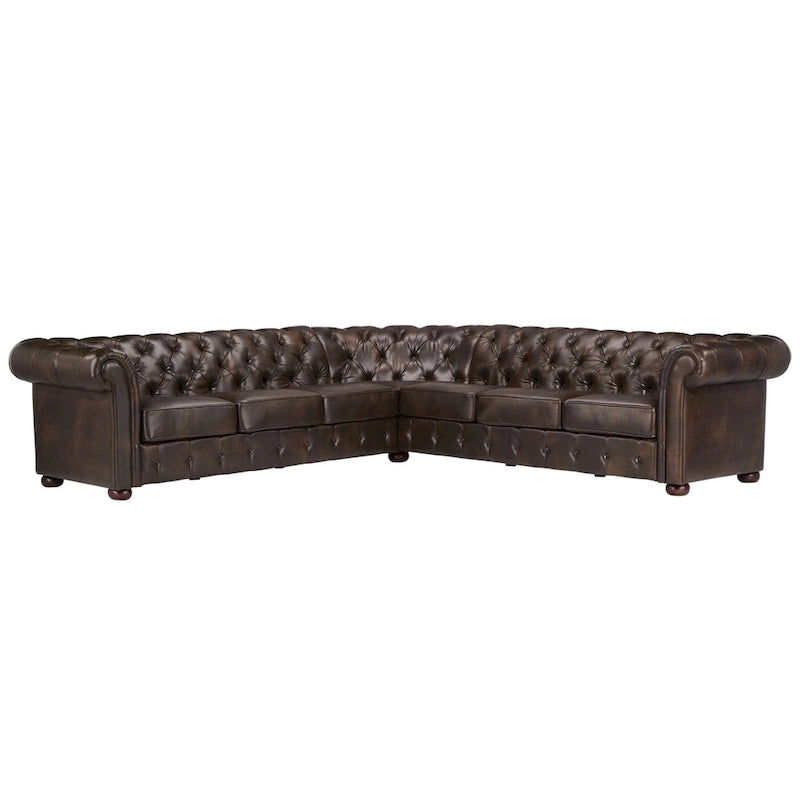 Divano componibile Chesterfield a L, 7 posti, beige / grigio / marrone, lino / velluto / pelle rigenerata