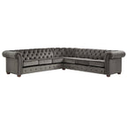 Divano componibile Chesterfield a L, 7 posti, beige / grigio / marrone, lino / velluto / pelle rigenerata