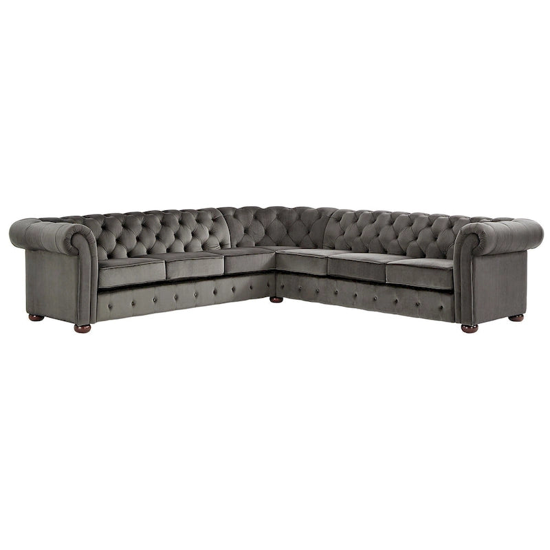 Divano componibile Chesterfield a L, 7 posti, beige / grigio / marrone, lino / velluto / pelle rigenerata