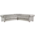 Divano componibile Chesterfield a L, 7 posti, beige / grigio / marrone, lino / velluto / pelle rigenerata
