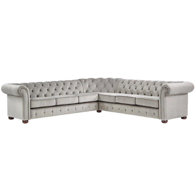 Divano componibile Chesterfield a L, 7 posti, beige / grigio / marrone, lino / velluto / pelle rigenerata