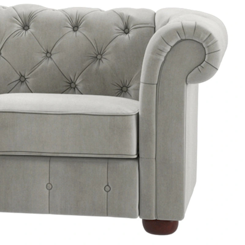 Divano componibile Chesterfield a L, 7 posti, beige / grigio / marrone, lino / velluto / pelle rigenerata