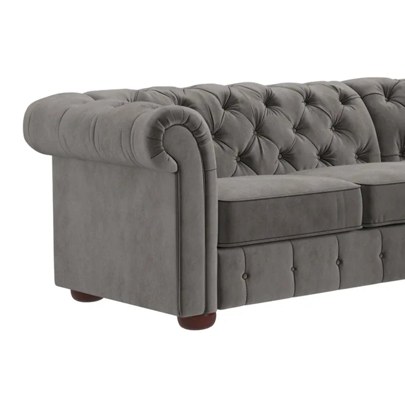 Divano componibile Chesterfield a L, 7 posti, beige / grigio / marrone, lino / velluto / pelle rigenerata