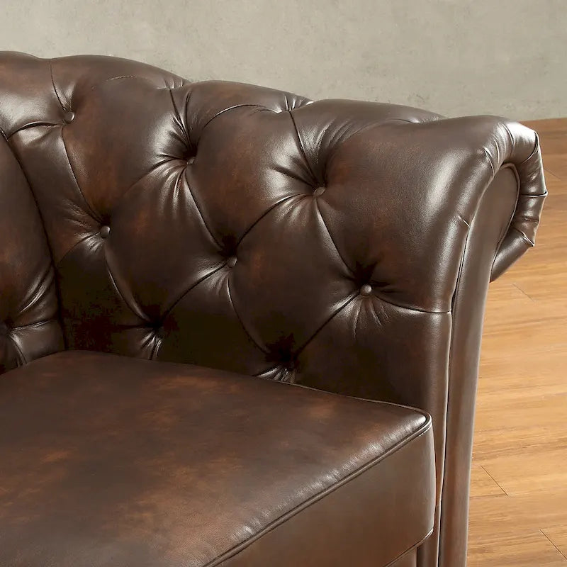 Divano componibile Chesterfield a L, 7 posti, beige / grigio / marrone, lino / velluto / pelle rigenerata