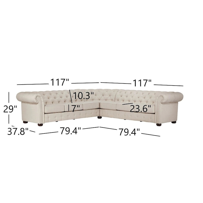 Divano componibile Chesterfield a L, 7 posti, beige / grigio / marrone, lino / velluto / pelle rigenerata