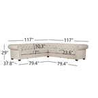 Divano componibile Chesterfield a L, 7 posti, beige / grigio / marrone, lino / velluto / pelle rigenerata