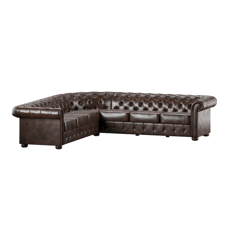 Divano componibile Chesterfield a L, 7 posti, beige / grigio / marrone, lino / velluto / pelle rigenerata