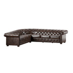 Divano componibile Chesterfield a L, 7 posti, beige / grigio / marrone, lino / velluto / pelle rigenerata