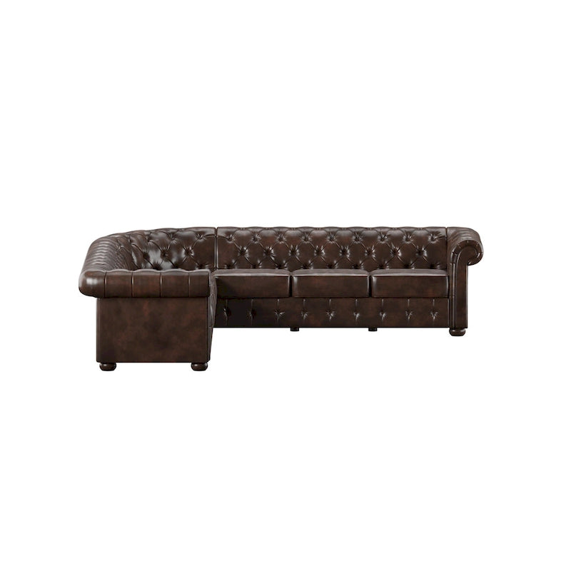 Divano componibile Chesterfield a L, 7 posti, beige / grigio / marrone, lino / velluto / pelle rigenerata