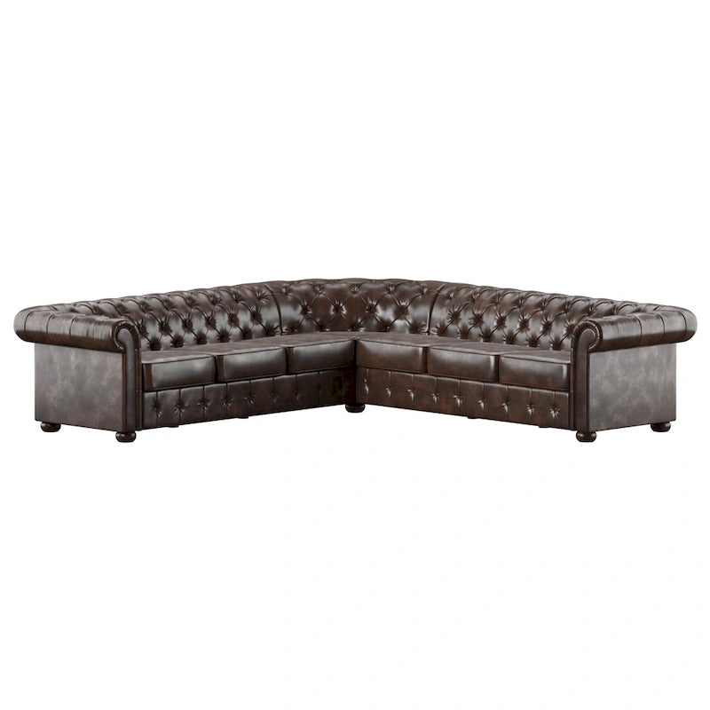 Divano componibile Chesterfield a L, 7 posti, beige / grigio / marrone, lino / velluto / pelle rigenerata