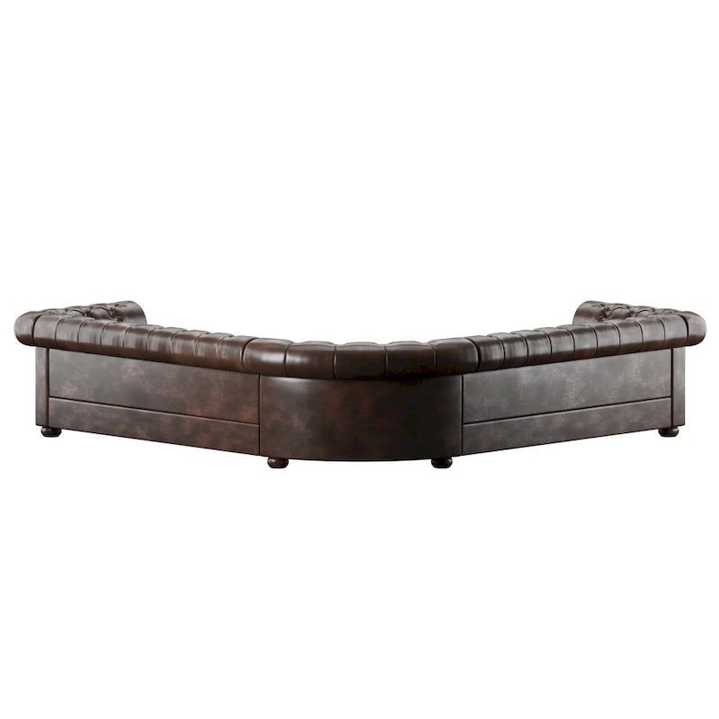 Divano componibile Chesterfield a L, 7 posti, beige / grigio / marrone, lino / velluto / pelle rigenerata