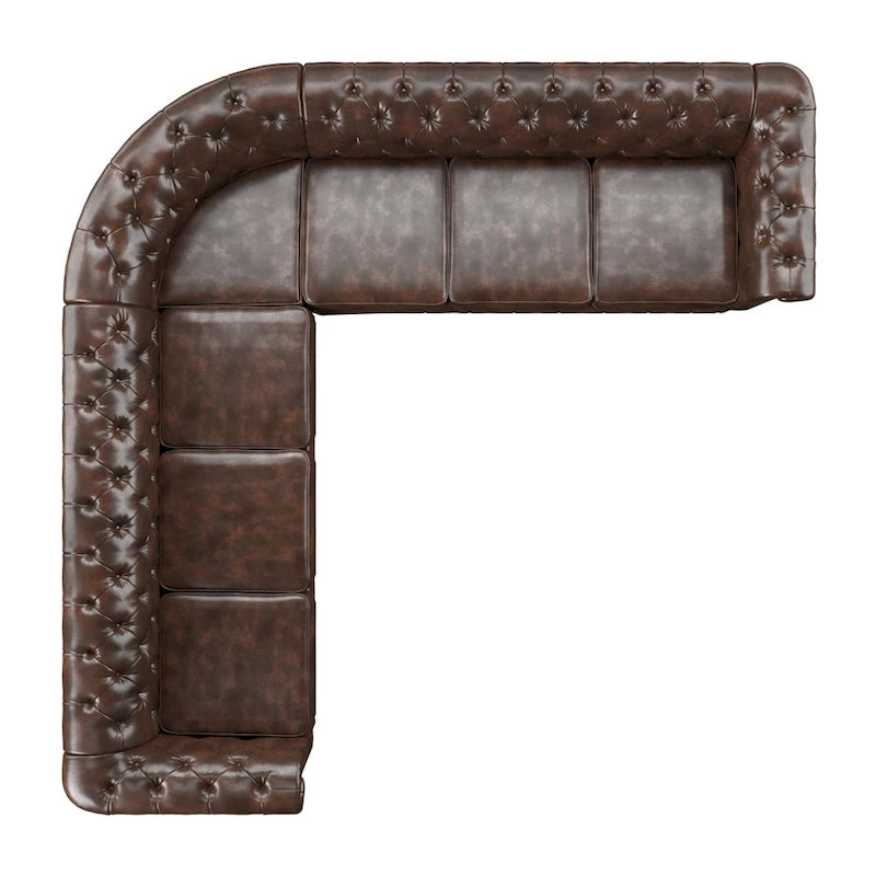 Divano componibile Chesterfield a L, 7 posti, beige / grigio / marrone, lino / velluto / pelle rigenerata