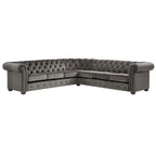Divano componibile Chesterfield a L, 7 posti, beige / grigio / marrone, lino / velluto / pelle rigenerata