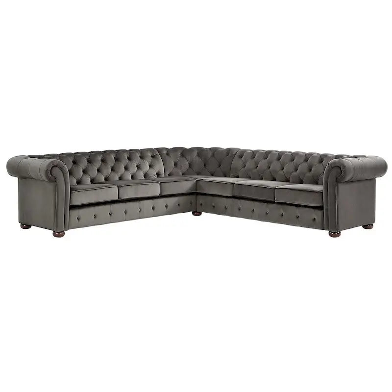 Divano componibile Chesterfield a L, 7 posti, beige / grigio / marrone, lino / velluto / pelle rigenerata