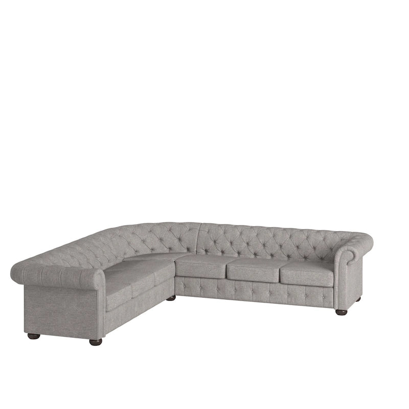 Divano componibile Chesterfield a L, 7 posti, beige / grigio / marrone, lino / velluto / pelle rigenerata