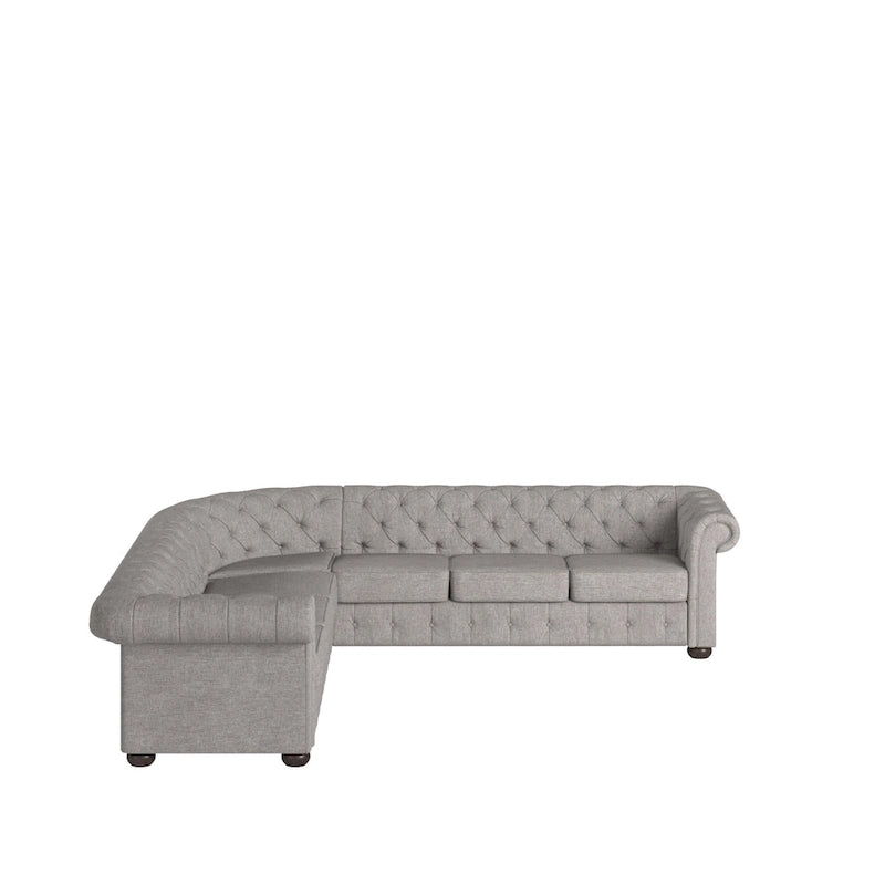 Divano componibile Chesterfield a L, 7 posti, beige / grigio / marrone, lino / velluto / pelle rigenerata