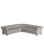 Divano componibile Chesterfield a L, 7 posti, beige / grigio / marrone, lino / velluto / pelle rigenerata