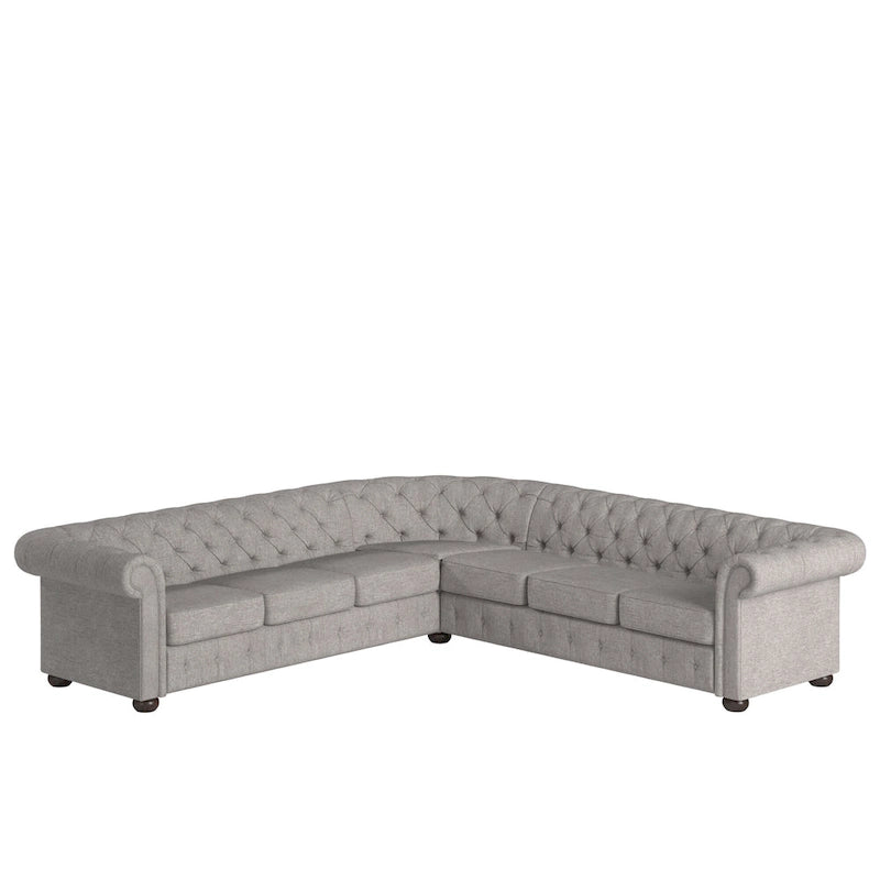 Divano componibile Chesterfield a L, 7 posti, beige / grigio / marrone, lino / velluto / pelle rigenerata