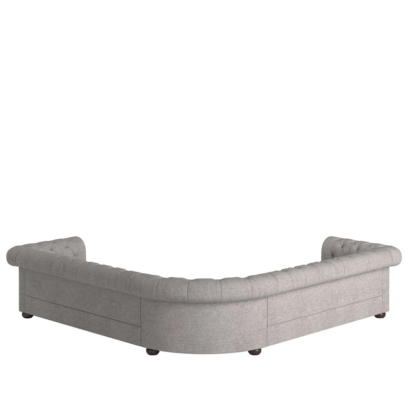 Divano componibile Chesterfield a L, 7 posti, beige / grigio / marrone, lino / velluto / pelle rigenerata