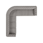Divano componibile Chesterfield a L, 7 posti, beige / grigio / marrone, lino / velluto / pelle rigenerata