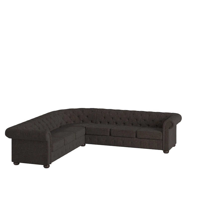Divano componibile Chesterfield a L, 7 posti, beige / grigio / marrone, lino / velluto / pelle rigenerata