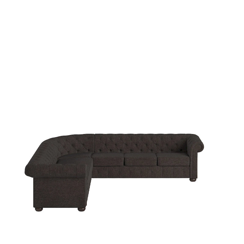 Divano componibile Chesterfield a L, 7 posti, beige / grigio / marrone, lino / velluto / pelle rigenerata