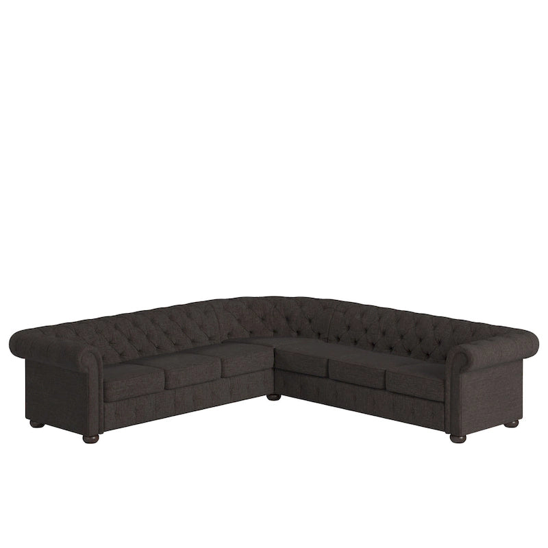 Divano componibile Chesterfield a L, 7 posti, beige / grigio / marrone, lino / velluto / pelle rigenerata
