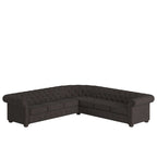 Divano componibile Chesterfield a L, 7 posti, beige / grigio / marrone, lino / velluto / pelle rigenerata