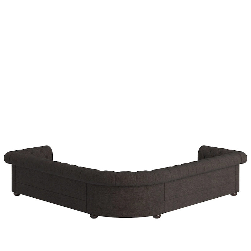 Divano componibile Chesterfield a L, 7 posti, beige / grigio / marrone, lino / velluto / pelle rigenerata