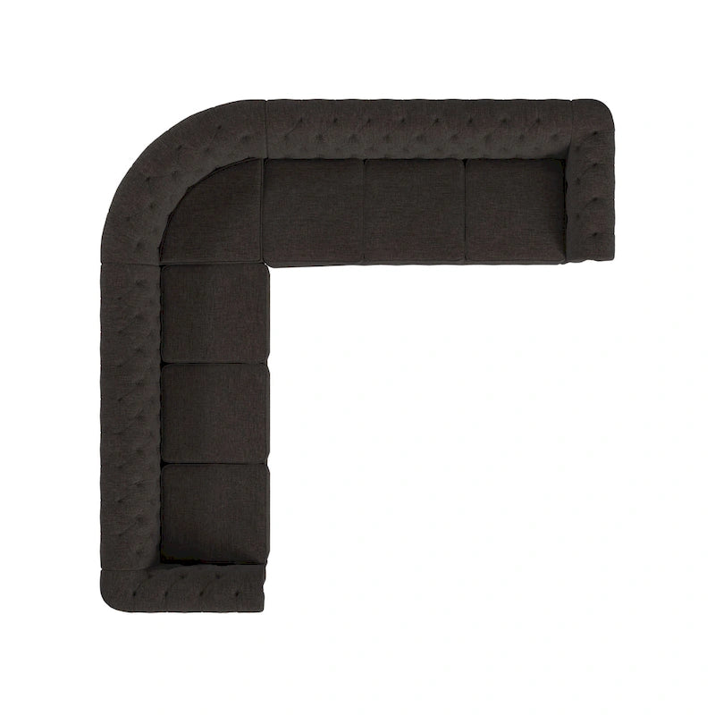Divano componibile Chesterfield a L, 7 posti, beige / grigio / marrone, lino / velluto / pelle rigenerata