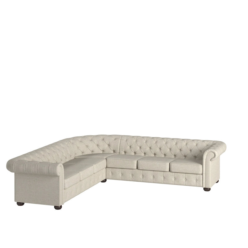 Divano componibile Chesterfield a L, 7 posti, beige / grigio / marrone, lino / velluto / pelle rigenerata
