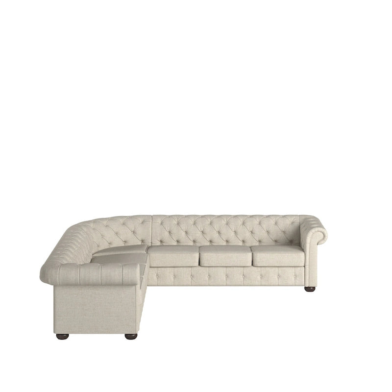 Divano componibile Chesterfield a L, 7 posti, beige / grigio / marrone, lino / velluto / pelle rigenerata