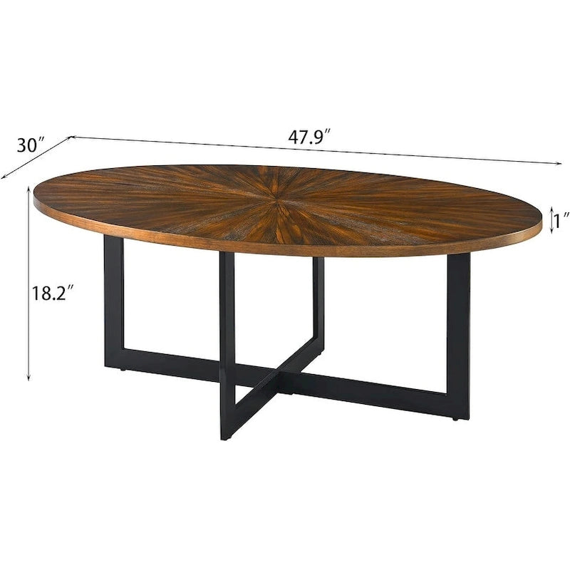 Tavolino da Caffè Ovale – Nero / Marrone / Marrone Rustico, Base in Metallo Incrociata, Posti per 4–6