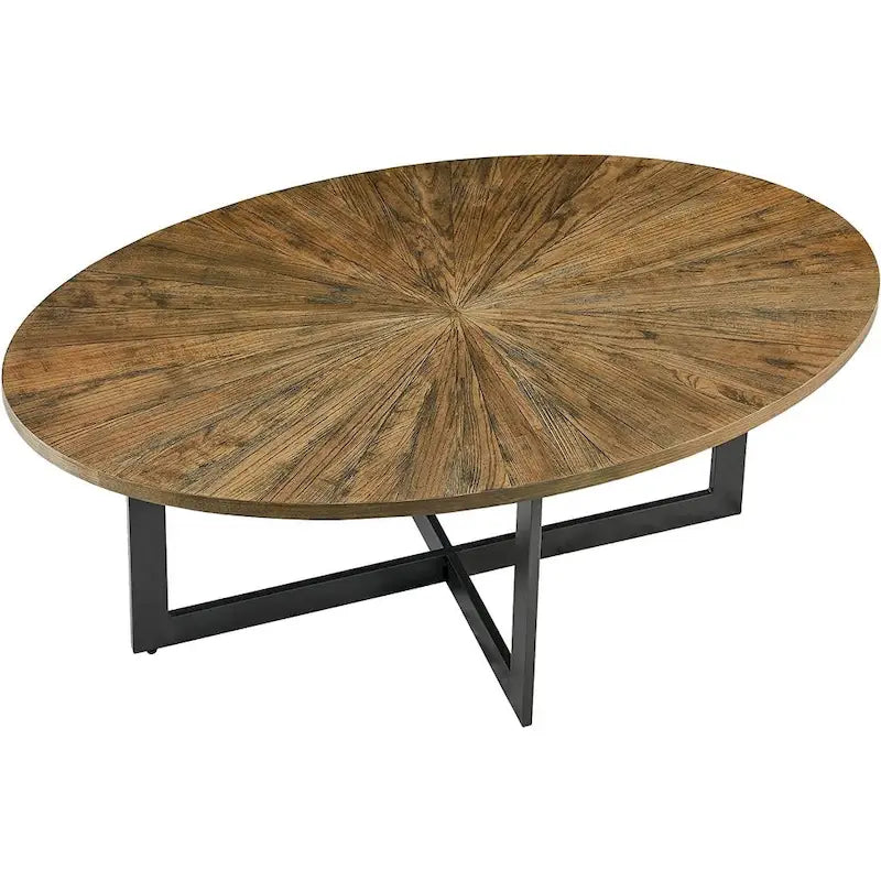 Tavolino da Caffè Ovale – Nero / Marrone / Marrone Rustico, Base in Metallo Incrociata, Posti per 4–6