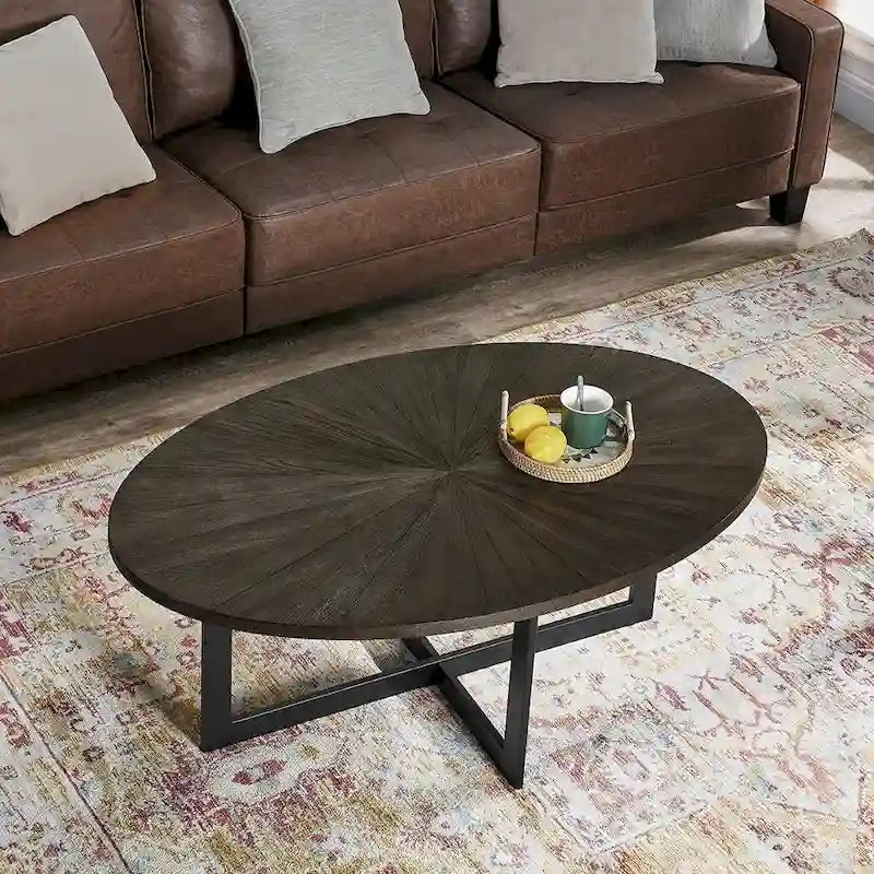 Tavolino da Caffè Ovale – Nero / Marrone / Marrone Rustico, Base in Metallo Incrociata, Posti per 4–6