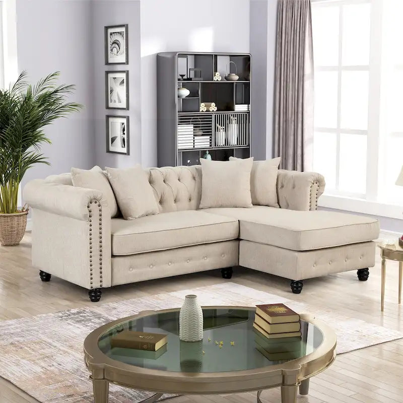 Divano Chesterfield Beige / Grigio, Lino, 3 Posti