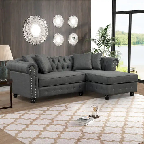 Divano Chesterfield Beige / Grigio, Lino, 3 Posti